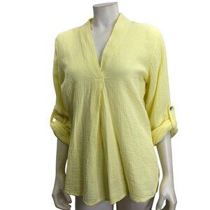 M MADE IN ITALY LADIES WOVEN V NECK ROLL TAB SLEEVE LINEN TOP‎ SM NWT